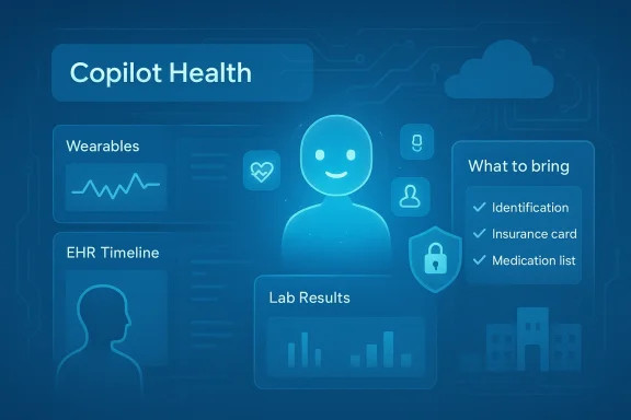 A blue digital health dashboard labeled Copilot Health showing wearables, EHR timeline, and lab results.
