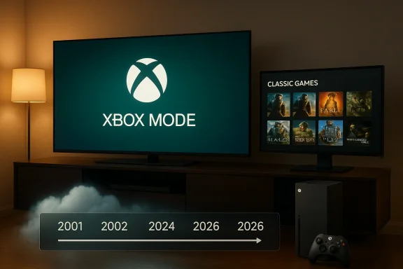 A cozy living room with an Xbox setup: a large screen shows XBOX MODE while a second monitor displays classic games.