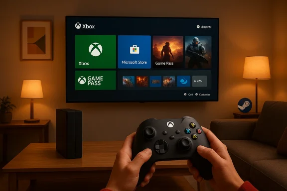 A person holds an Xbox controller while the TV displays the Xbox dashboard. A person holds an Xbox controller while the TV displays the Xbox dashboard.