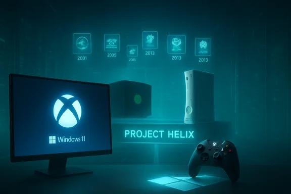 Futuristic gaming setup with Windows 11 on a monitor, Xbox console and controller under a Project Helix banner.