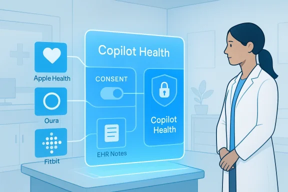 Clinician reviews Copilot Health dashboard linking Apple Health, Oura, and Fitbit with consent.