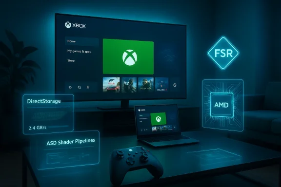 A living room gaming setup with a large Xbox UI on the TV and neon labels for DirectStorage, AMD, and FSR. A living room gaming setup with a large Xbox UI on the TV and neon labels for DirectStorage, AMD, and FSR.
