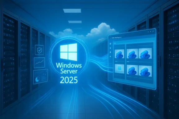Blue-tinted data center featuring Windows Server 2025 logo and holographic UI panels.