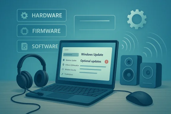 Laptop shows Windows Update alongside hardware, firmware, and software icons with headphones and speakers.
