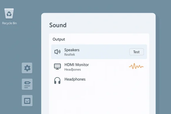 Sound settings panel listing output devices (Speakers, HDMI Monitor, Headphones) with a Test button. Sound settings panel listing output devices (Speakers, HDMI Monitor, Headphones) with a Test button.