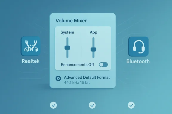 Blue-toned Volume Mixer UI with System and App sliders and Realtek/Bluetooth icons.