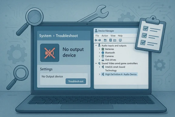 Blue-tinted laptop shows a 'No output device' troubleshoot screen beside a Device Manager panel.