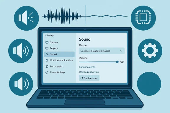Laptop screen displays sound settings with volume control and output device options.