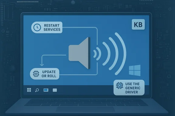 Blue laptop screen showing a speaker icon with options: restart services, update or roll, or use the generic driver.