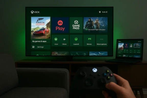 A gamer holds an Xbox controller as the dashboard fills a large TV, with a laptop beside. A gamer holds an Xbox controller as the dashboard fills a large TV, with a laptop beside.