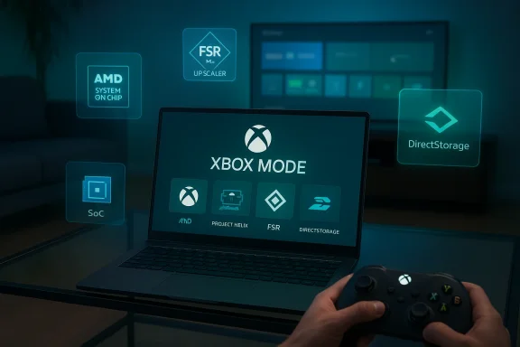 Laptop displays “XBOX MODE” with floating tech icons as a person holds an Xbox controller. Laptop displays “XBOX MODE” with floating tech icons as a person holds an Xbox controller.
