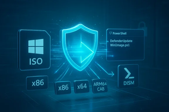 A futuristic blue security graphic featuring a shield, Windows ISO icon, and deployment tools.