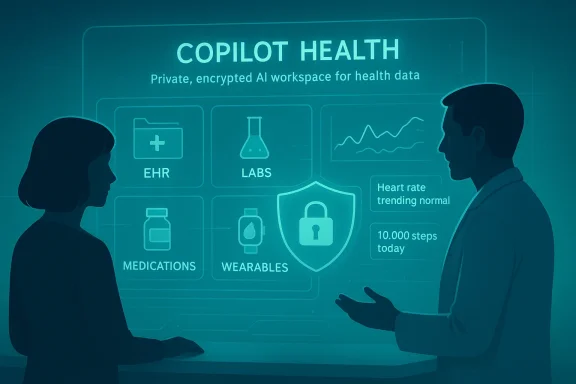Two people discuss Copilot Health’s private, encrypted AI health data dashboard.