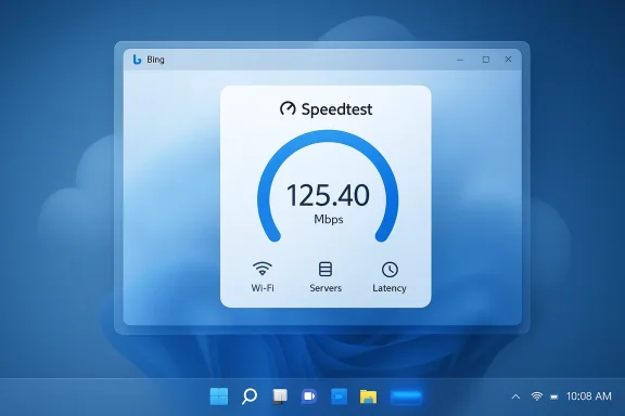 Blue Windows desktop displaying a Speedtest panel showing 125.40 Mbps.