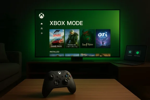 Living room with a large Xbox screen bathed in green light and a controller on the coffee table. Living room with a large Xbox screen bathed in green light and a controller on the coffee table.