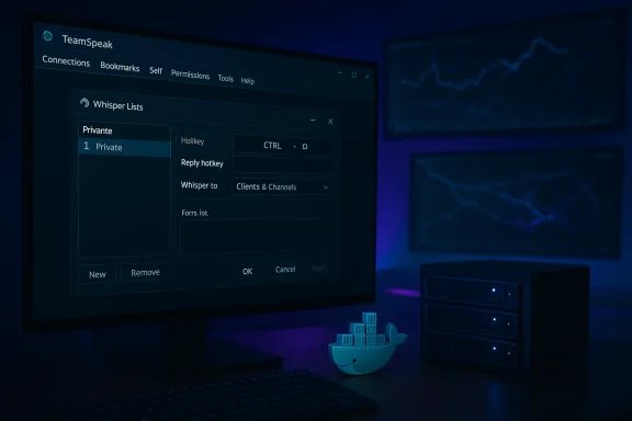 TeamSpeak whisper-list settings on a monitor in a blue-lit tech setup with server racks.