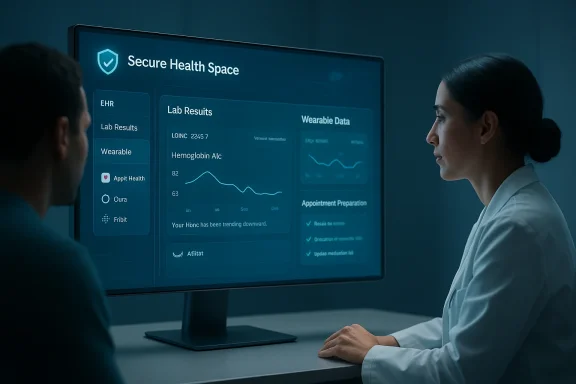 Clinicians review a Secure Health Space dashboard with lab results and wearable data.