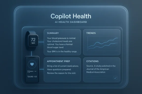 Copilot Health AI dashboard displaying heart rate, trends, and medical prep notes.