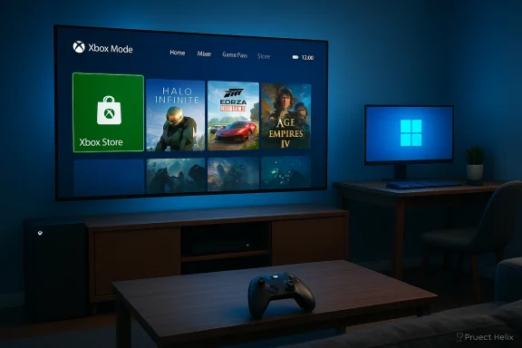 Cozy living room gaming setup with a large Xbox screen and a Windows PC nearby. Cozy living room gaming setup with a large Xbox screen and a Windows PC nearby.