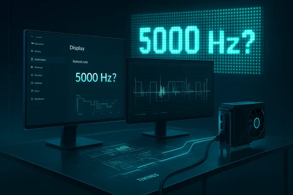 Futuristic workstation with dual monitors displaying a 5000 Hz refresh rate and waveform graphs.