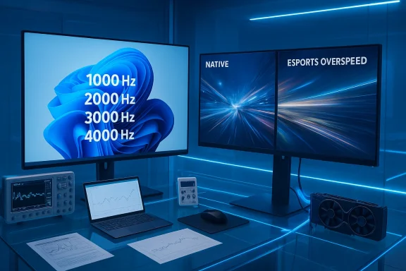 Blue-lit workstation with dual monitors displaying Hz options and esports overclock visuals.