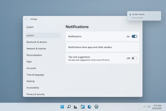 A Windows-style Settings panel showing Notifications options with a Do Not Disturb popup.