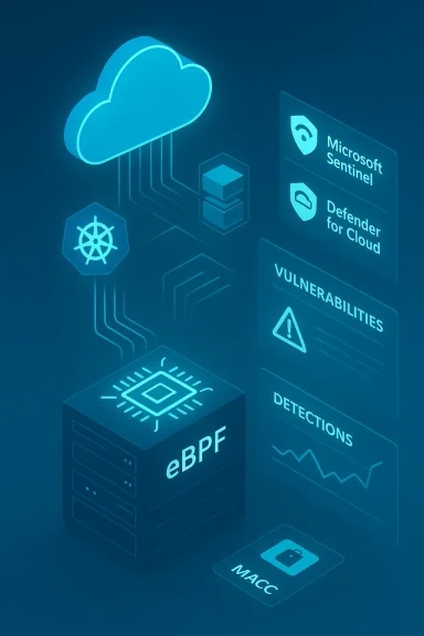 Blue futuristic cloud diagram showing eBPF with security dashboards and data icons.