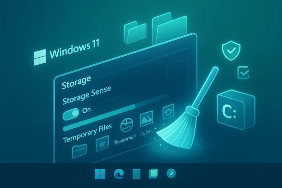 Windows 11 storage settings shown with a glowing broom sweeping files.