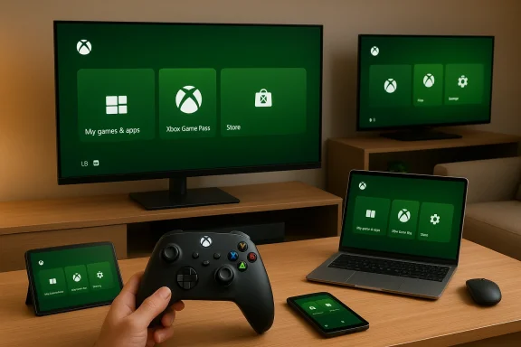 Unified Xbox gaming setup: TV, tablet, laptop and phone all with the green Xbox dashboard.