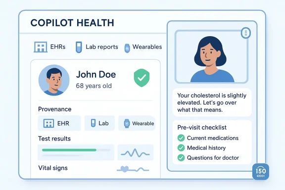 Copilot Health dashboard showing John Doe’s profile, test results, and a pre-visit checklist.