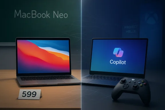 Split view: MacBook Neo on the left (599) and a Copilot laptop with a controller on the right.