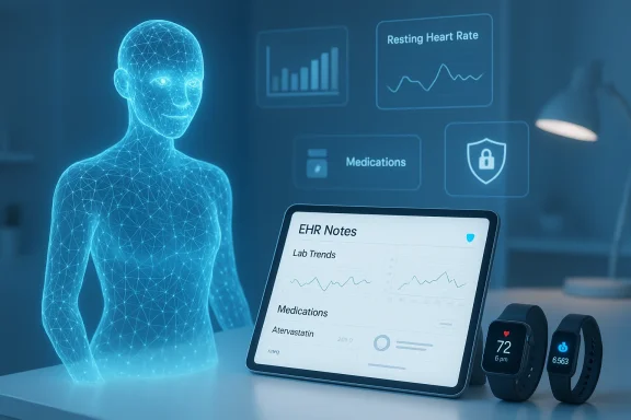 Futuristic scene with a holographic patient, a tablet showing EHR notes, and wearable health devices.