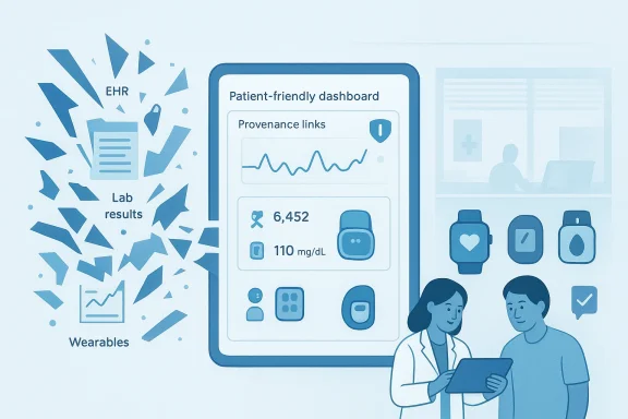 Doctor and patient review a patient-friendly dashboard with lab results and wearables on a tablet.