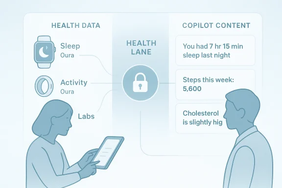 Health data dashboard showing Sleep, Activity, and Labs feeding into a central Health Lane.