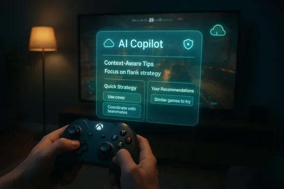 A person uses an Xbox controller as a holographic AI Copilot displays tips.
