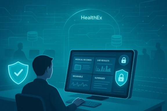 Person at a computer reviews HealthEx medical records, lab results, and wearables on a secure dashboard.