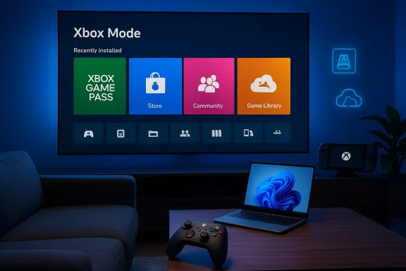 Living room setup with a big screen showing Xbox Mode tiles and a laptop with controller. Living room setup with a big screen showing Xbox Mode tiles and a laptop with controller.