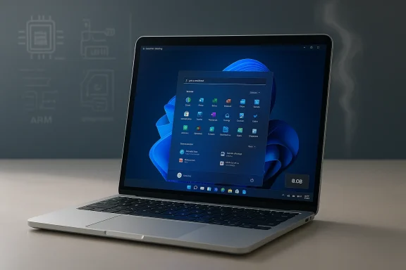 A sleek silver laptop on a desk displaying Windows 11 with a large app window on screen.