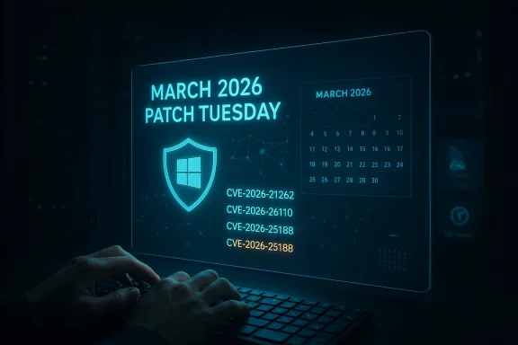 Futuristic neon holographic display shows March 2026 Patch Tuesday and CVE listings.