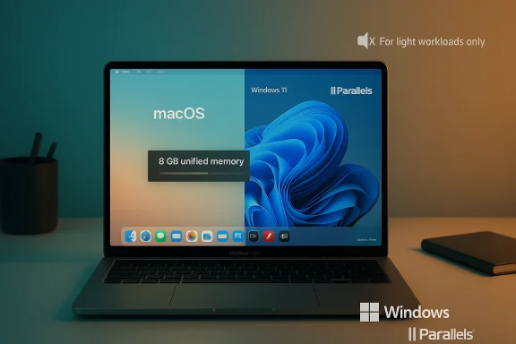 MacBook showing macOS and Windows 11 side by side via Parallels.