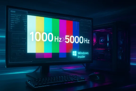 Neon-lit PC setup with a monitor displaying a rainbow color test pattern and Windows Insider.