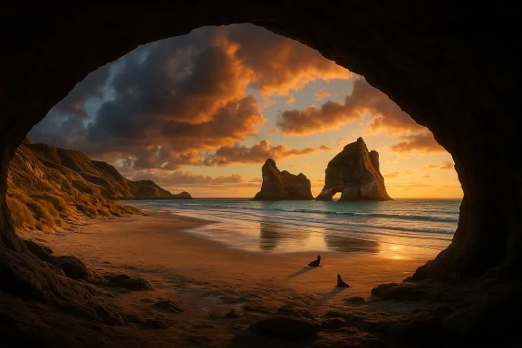 Sunset view from inside a cave, framing sea stacks and a glowing beach.