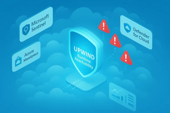 Blue cloud-themed infographic featuring UPWIND runtime reachability shielding Azure cloud services. Blue cloud-themed infographic featuring UPWIND runtime reachability shielding Azure cloud services.