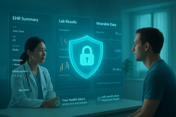 Doctor and patient review holographic health data on futuristic screens.