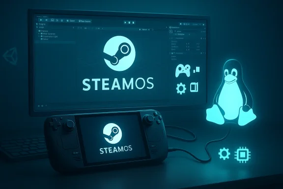 SteamOS on a monitor with a Steam Deck and a glowing Linux penguin.