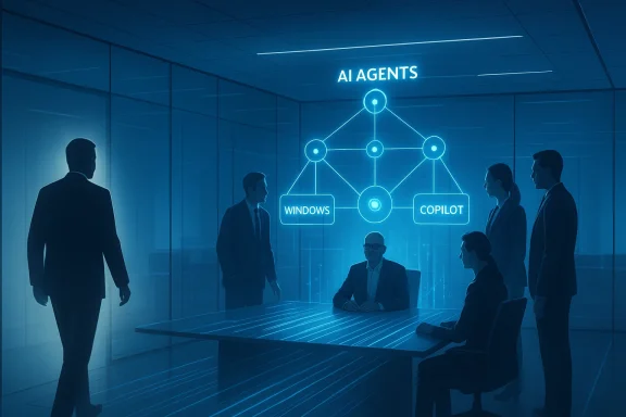Futuristic boardroom with a holographic AI network labeled Windows and Copilot.
