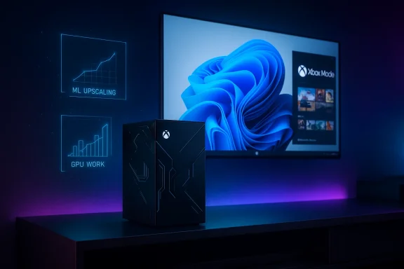Xbox console on a shelf, blue ambient glow, with ML Upscaling and GPU Work graphs on the wall.