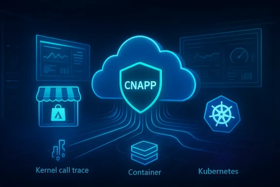 Neon blue CNAPP cloud with shield, highlighting containers, Kubernetes, and kernel traces.