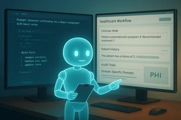 Glowing holographic assistant explains the healthcare workflow on dual monitors.