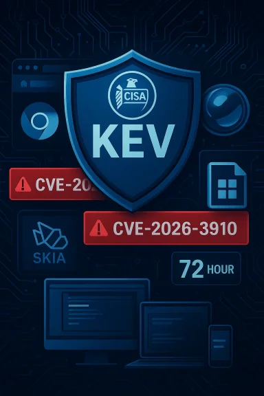 Cybersecurity illustration featuring a KEV shield, CVE alerts, and tech devices.